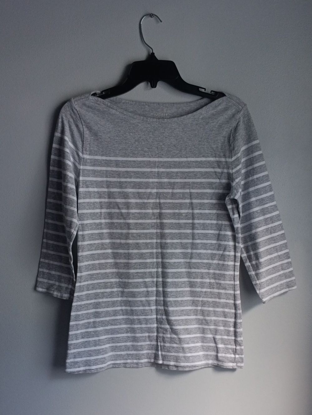 Time and Tru Gray and White Striped Boatneck 3/4 Sleeve Cotton Top
